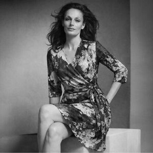 Monochromatic Abstract Print Wrap Dress Luxury Career Statement | Women’s Medium